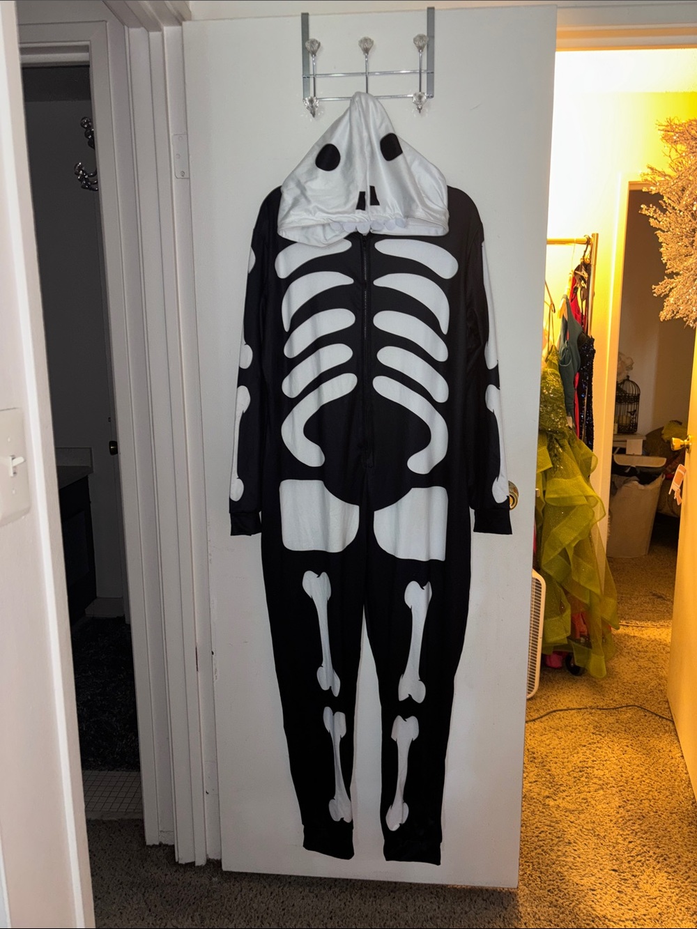 Women’s Black & White Skeleton Hooded Onesie Costume